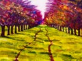 Contemporary painting of a path through a line of trees. Royalty Free Stock Photo