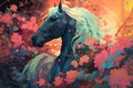 Contemporary picture of a horse in a surreal forest. Colorful floral ornaments.