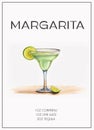 Contemporary poster of Margarita cocktail recipe with lime wedge, cutted lemon wedge. Classic alcoholic beverage. Modern