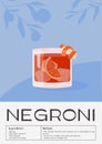 Contemporary poster of Negroni cocktail with orange slice and citrus peel. Classic italian alcoholic beverage recipe Royalty Free Stock Photo