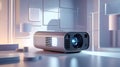 projector emitting a bright blue light in a futuristic minimalist environment with geometric shapes and soft ambient lighting Royalty Free Stock Photo