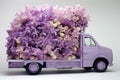 Contemporary purple flower truck, for Valentine\'s Day, contains many giant cymbidium flowers