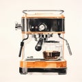 Contemporary Realist Watercolor: Espresso Machine In Light Orange And Bronze