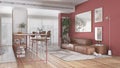 Contemporary red and wooden living and dining room in modern panoramic apartment. Island with stools, table with chairs, sofa, Royalty Free Stock Photo