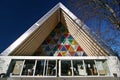 Wide angled front facade of Christchurch Transitional Cathedral by Shigeru Ban after earthquake disaster, Canterbury, New Zealand