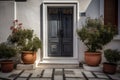 Contemporary Residential Entrance with Gray Front Door and Decorative Windows