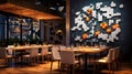 Contemporary Restaurant With Pixel Art On The Wall. Modern Dining Space. Generative AI