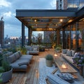 Contemporary rooftop terrace with comfortable lounging areas and city views Royalty Free Stock Photo