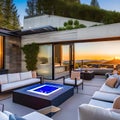 A contemporary rooftop terrace with comfortable outdoor seating, a fire pit, and breathtaking views of the mountains4, Generativ Royalty Free Stock Photo