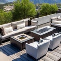 A contemporary rooftop terrace with comfortable outdoor seating, a fire pit, and breathtaking views of the mountains3, Generativ Royalty Free Stock Photo