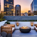 A contemporary rooftop terrace with comfortable outdoor seating, a fire pit, and breathtaking views of the surrounding skyline2, Royalty Free Stock Photo