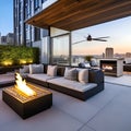 A contemporary rooftop terrace with comfortable seating, a fire pit, and panoramic views of the city2, Generative AI Royalty Free Stock Photo
