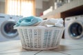 A contemporary room equipped with a washing machine, dryer, and laundry basket