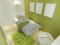 Contemporary room for a teenager with a big bed and mockup posters on the green wall. Royalty Free Stock Photo