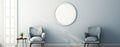 Contemporary room with vintage blue chair and mirror in monochrome, empty wall with copy space Royalty Free Stock Photo