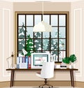 Contemporary room workplace with large window and laptop on table at home. Office room interior set.