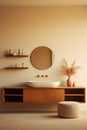 Contemporary round mirror hung above a modern vanity, AI-generated.