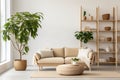 Contemporary Scandinavian, japandi living room featuring a neutral-colored couch, wood tables, and indoor greenery, with