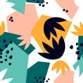 Contemporary seamless pattern with abstract geometric shapes and floral leaves.