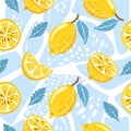 Contemporary seamless pattern with lemon, lemon slice, mint leaves and abstract element.