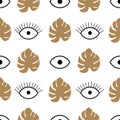 Contemporary seamless pattern. Monstera leaf and psychedelic eyes.