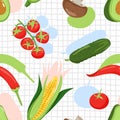 Contemporary seamless pattern with various vegetable and abstract elements.