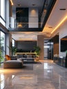 A contemporary smart home interior featuring sleek design, automated lighting, and AI-driven devices. Generative AI