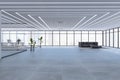 Contemporary spacious concrete and office interior with furniture and panoramic windows with city view. 3D Rendering Royalty Free Stock Photo