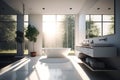 Contemporary spacious light-white bathroom with freestanding bathtub. Ai generative