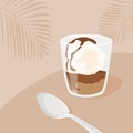 Contemporary square card with affogato coffee dessert with ice cream and spoon on table in cafe. Trendy minimalist Royalty Free Stock Photo