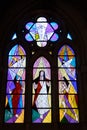 Contemporary stained glass window in the Almudena Cathedral, Madrid, Spain