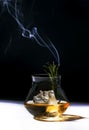 Contemporary still life with whiskey, scotch or bourbon glass with steaming rosemary, shard ice on black white background