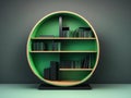green color rounded bookshelf with books isolated on gradient dark background