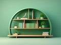 a beautiful rounded wooden bookshelf isolated on gradient green background