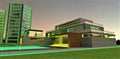 Contemporary suburban house near modern city skyscrapers at starry night on freshly cut lawn. Combination of green and yellow Royalty Free Stock Photo
