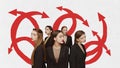 Contemporary surreal art collage, design. Young women with red arrows as symbol on white background. Concepts of witch Royalty Free Stock Photo