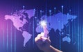 Contemporary technologies. Collage with woman touching virtual screen, world map and binary code digits Royalty Free Stock Photo