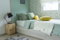 Contemporary teen bedroom with green pillow