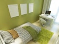 Contemporary teen room for green color with a bed and a desk. Royalty Free Stock Photo