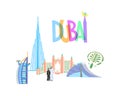 Contemporary travel postcard or banner - welcome to Dubai with famous buildings and arab couple in tradition muslim