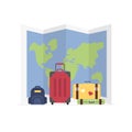 Contemporary travel suitcases, backpack and big map