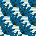 Contemporary tropical leaves seamless pattern on stripe background. Tropic palm leaf doodle vector illustration. Fashion creative