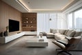 A contemporary urban living-room with a sleek and minimalist design, big TV on the wall and a cozy sofa