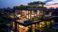 A contemporary urban loft apartment building with rooftop gardens and city views.