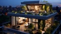 A contemporary urban loft apartment building with rooftop gardens and city views.