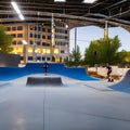 221 A contemporary urban skate park with sleek ramps, vibrant street art, and a vibrant atmosphere, attracting skateboarders and