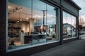 Contemporary urban storefront with large windows, Street view in daylight. Generative AI. Royalty Free Stock Photo