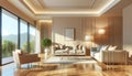 Modern villa living room design interior, beige furniture, bright walls, hardwood flooring, sofa, armchair with lamp. AI Generated Royalty Free Stock Photo