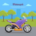 Contemporary Violet Motorcycle on Road in Big City Royalty Free Stock Photo