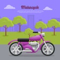 Contemporary Violet Motorcycle on Road in Big City Royalty Free Stock Photo